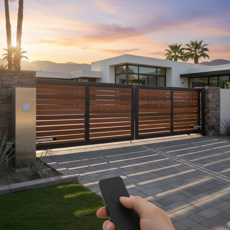 Hand holding a remote pointing at a brown and black automatic swing gate.